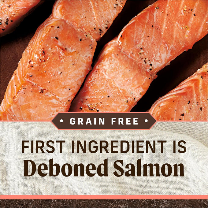 Merrick premium grain free dry adult dog food with real salmon and sweet potato, wholesome and natural kibble