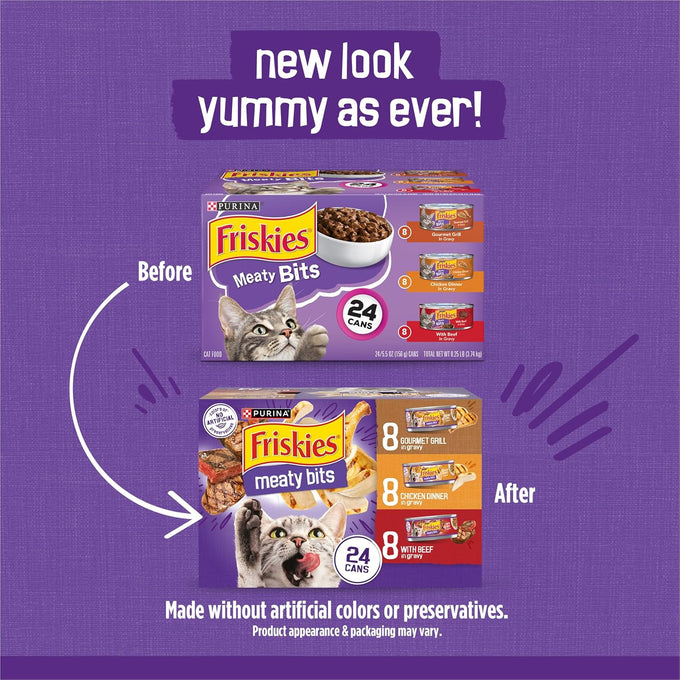 Purina Friskies Gravy Wet Cat Food Variety Pack, Meaty Bits, 24-pack, 5.5 oz cans