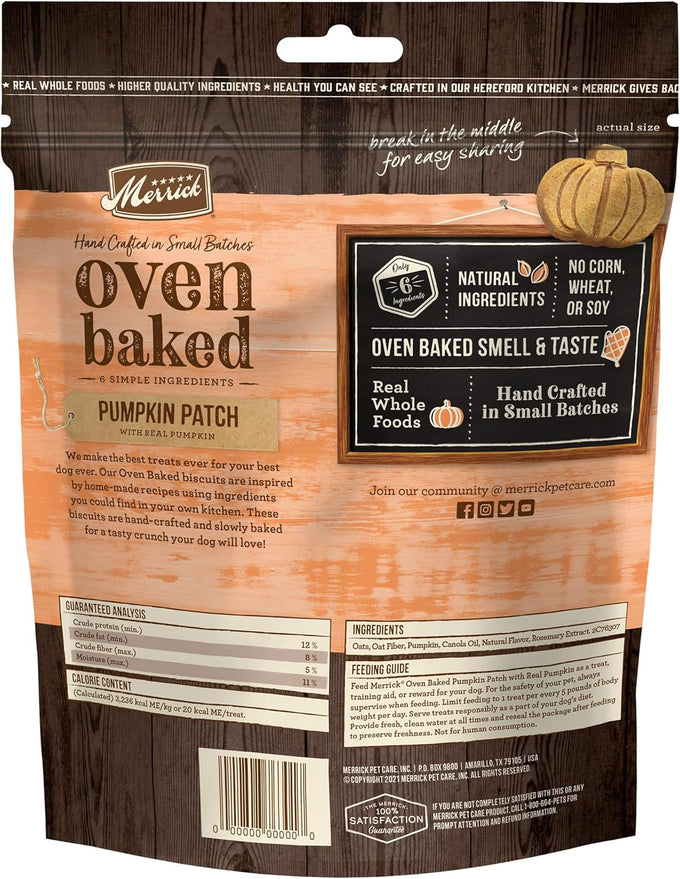 Merrick oven baked, wheat free, pumpkin dog treats, natural, crunchy, 11 oz bag, pumpkin patch