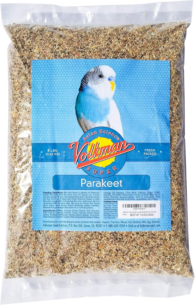 Volkman Avian Science Super Parakeet Bird Food 8lb high-energy nutrition for small hookbill birds with millet seeds and grains