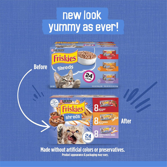 Purina Friskies Gravy Wet Cat Food Variety Pack, 24 Cans, 5.5 oz each, Shreds with Beef, Chicken, and Turkey, No Artificial Colors or Preservatives
