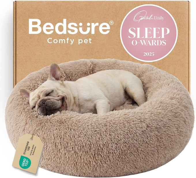 Bedsure Calming Dog Bed, 30-inch Donut Washable Medium Pet Bed, Faux Fur, Camel, 45 lbs