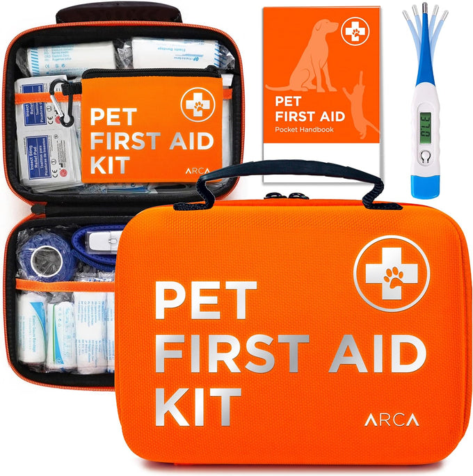Arca Pet dog & cat first aid kit, vet-endorsed travel essentials with digital thermometer, muzzle, & mini first aid pouch