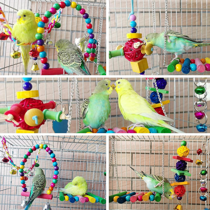 8 Pcs Parakeet Cockatiel Bird Toys Accessories Swing Wooden Perch Chewing Toy Set for Budgerigars Conures Love Birds Finches Budgies