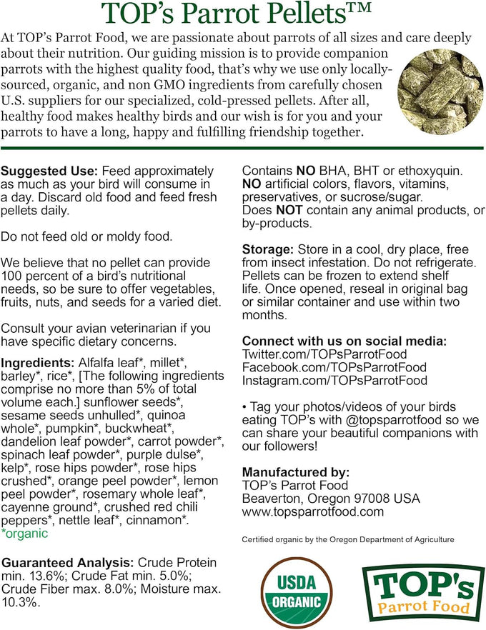 TOP's USDA Organic Hookbill Pellets for Large and Medium Parrots, Non-GMO, Peanut Soy & Corn Free, 10 lb