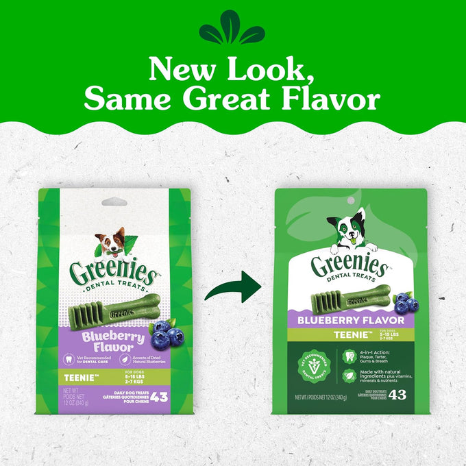 Greenies Veterinarian-Recommended Natural Dog Dental Treats, Teenie Size, Blueberry Flavor, 12 oz. Packs, 43 Count