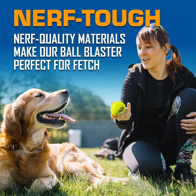 Nerf Dog Tennis Ball Blaster Dog Toy Gift Set, launches up to 50 ft, translucent blue, for all breeds