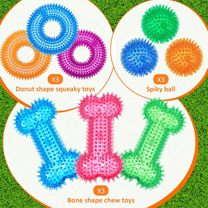 Yunsailing 9 piece dog squeaky toys set, TPR rubber pet chew toys for small medium size dogs teething and training