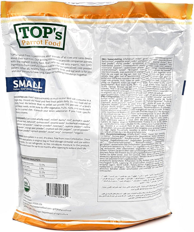 TOP's USDA Organic Certified Parrot Food Pellets for Small Hookbills, Non-GMO, Soy & Corn Free (4lbs)