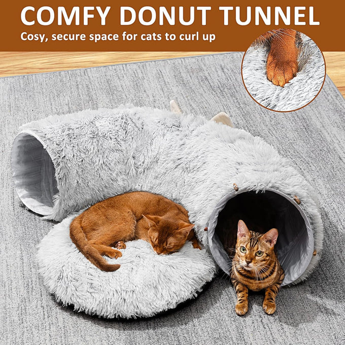 cat tunnel with cat bed for indoor cats, grey, multifunctional playground toys hideplace for kittens rabbit ferret