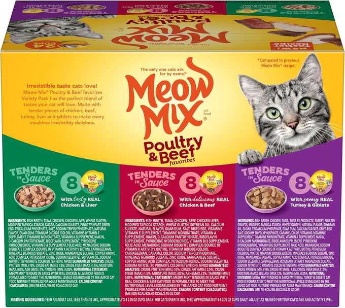 Meow Mix Tender Favorites Poultry & Beef Variety Pack, 2.75 oz Cup, 24 Pack Wet Cat Food