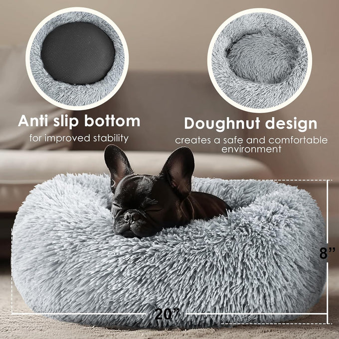 Hoewina 20in light grey donut bed for indoor cats and small dogs, washable, plush, waterproof, anti-slip