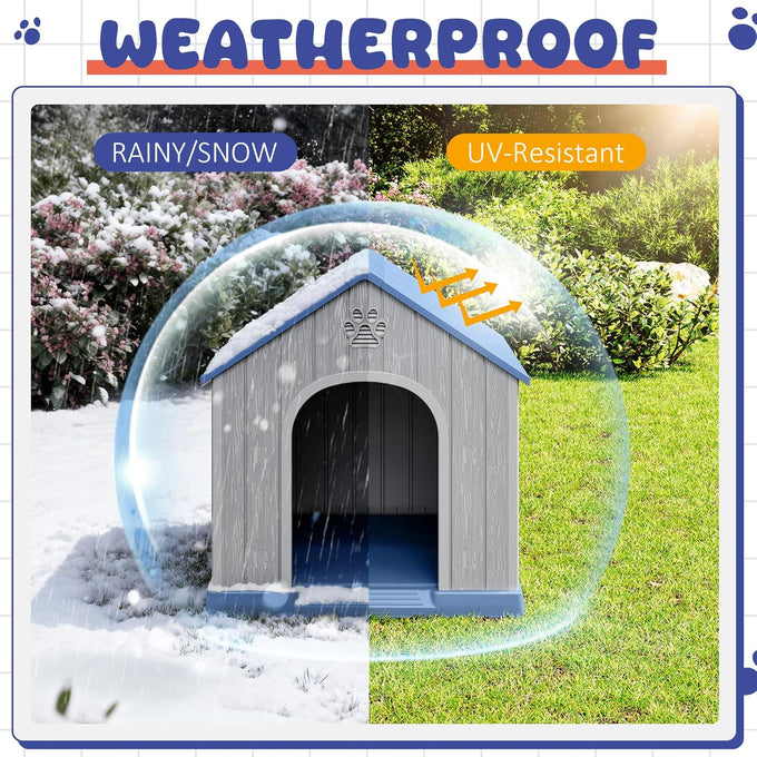 Bifanuo plastic dog house for small to medium dogs, weatherproof design, air vents, elevated floor, easy clean and assemble in blue, 26.18'' L x 24.03'' W x 25.98'' H