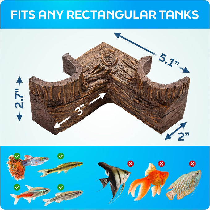 Fishnosh Aquarium Cave | BPA-free wood-like fish tank hideout for corners, 5.1" x 2" x 2.7"