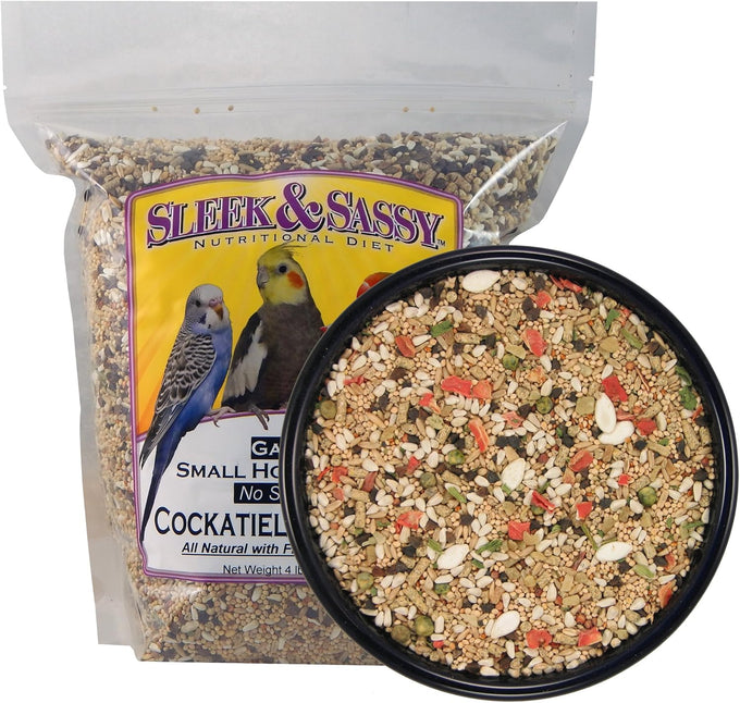 Sleek & Sassy 4 lbs no sunflower bird food for lovebirds, cockatiels, quaker parrots, and small conures with all natural ingredients