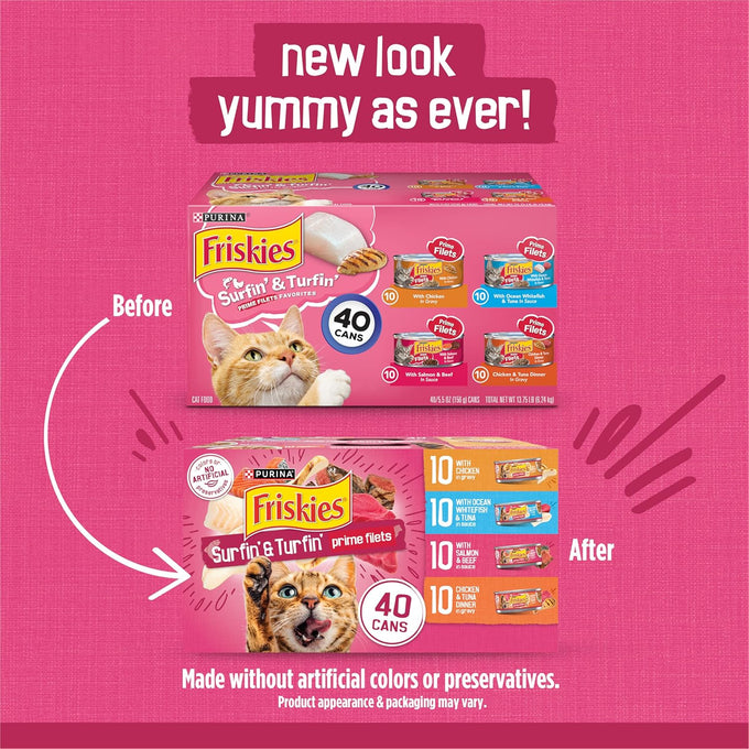 purina friskies gravy wet cat food variety pack, surfin' and turfin' prime filets favorites, 5.5 oz cans, pack of 40
