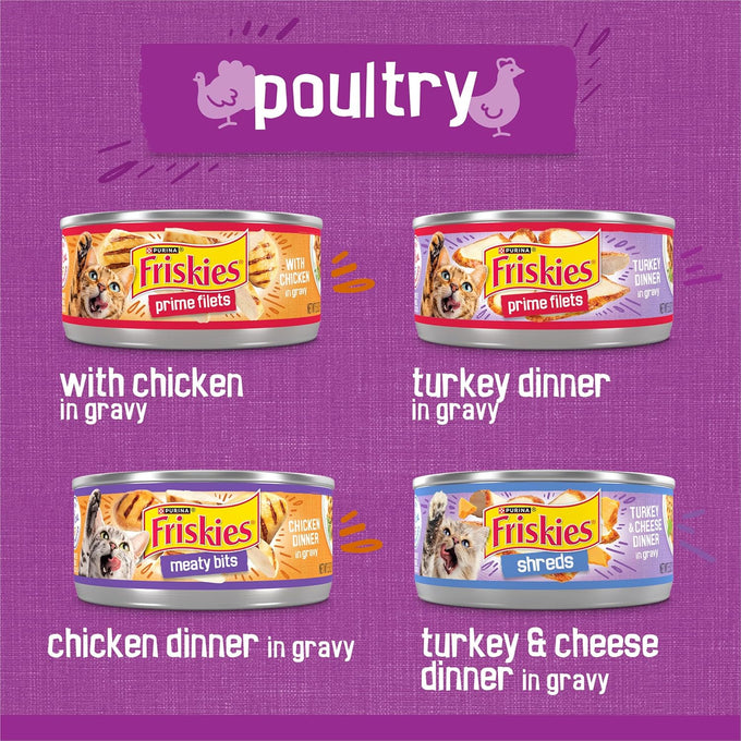 Purina Friskies Gravy Wet Cat Food Variety Pack with Poultry Shreds, Meaty Bits, and Prime Filets, 5.5 oz cans, 32-pack