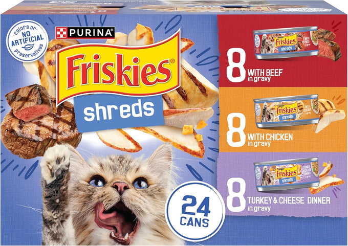 Purina Friskies Gravy Wet Cat Food Variety Pack, 24 Cans, 5.5 oz each, Shreds with Beef, Chicken, and Turkey, No Artificial Colors or Preservatives