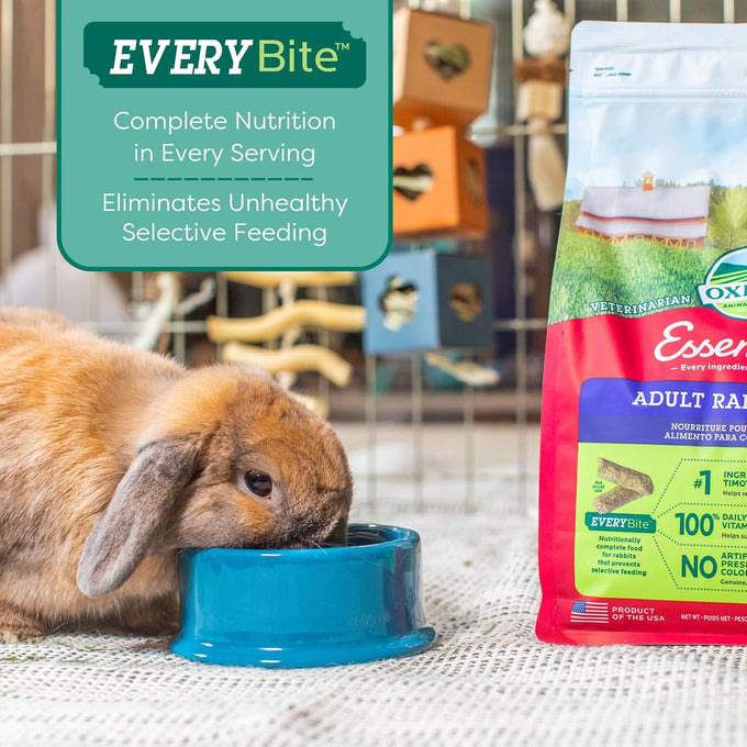 oxbow essentials rabbit food, adult, timothy hay, pet pellets, vitamins, minerals, high fiber, 10 lb bag, usa made