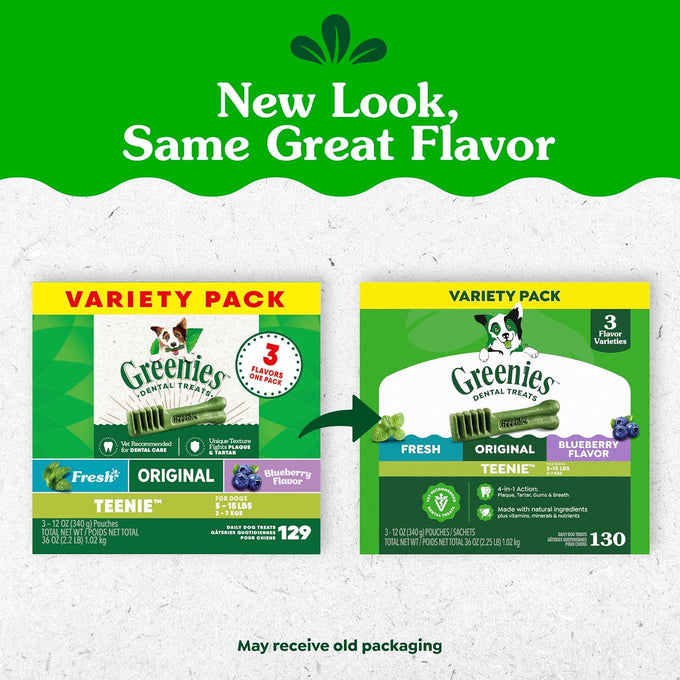 Greenies Dog Treats Veterinarian-Recommended Natural Dental Treats for Dogs, Teenie Size, Variety Pack Flavor, (3) 12 oz. Packs, 130 Count