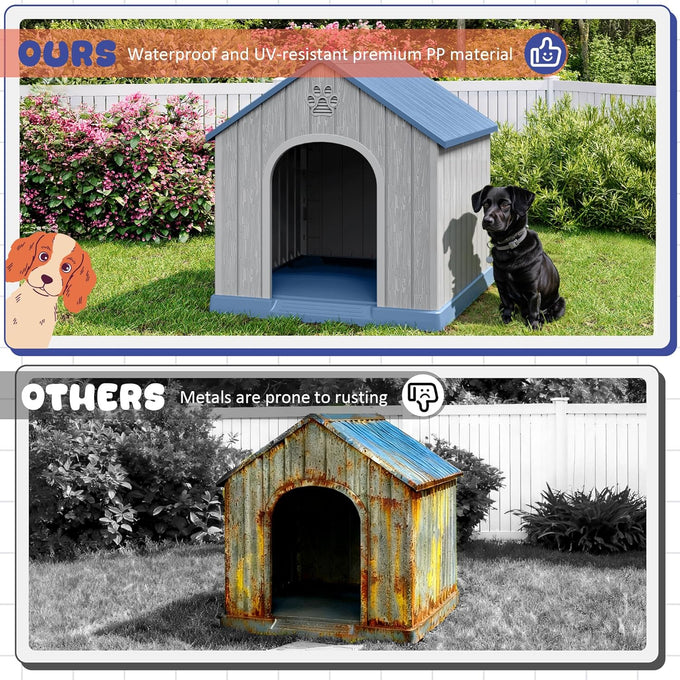 Bifanuo plastic dog house for small to medium dogs, weatherproof design, air vents, elevated floor, easy clean and assemble in blue, 26.18'' L x 24.03'' W x 25.98'' H