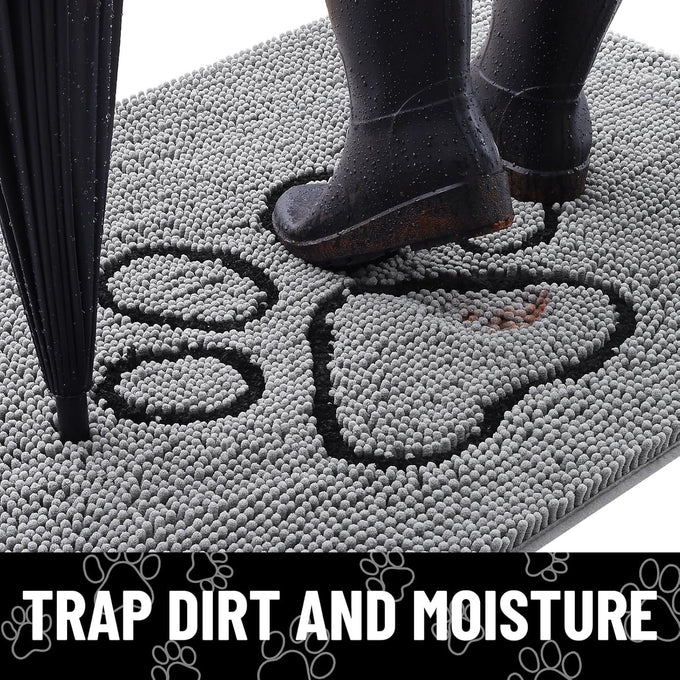 Smiry 30x20 inches chenille door mat for muddy paws with non-slip textured rubber base, grey and black