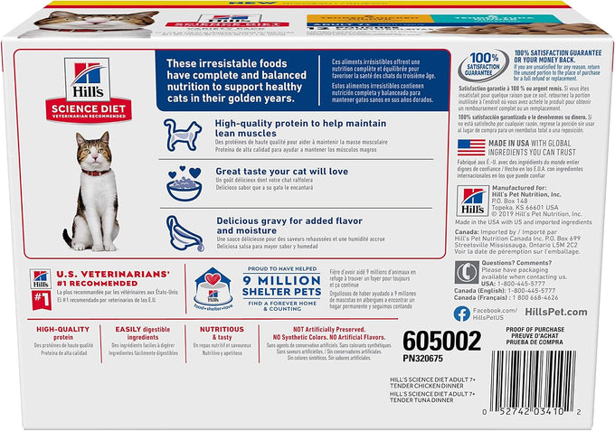 Hill's Science Diet Adult 7+ Wet Cat Food Variety Pack, Chicken & Tuna, 2.8 oz. Pouches, 12-Pack