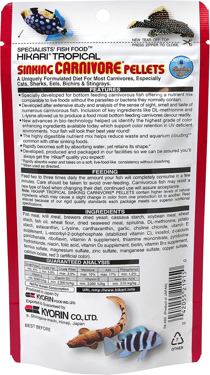 Hikari Sinking Carnivore Pellets for Pets, 2.61-Ounce, Premium Protein Fish Food for Daily Diet