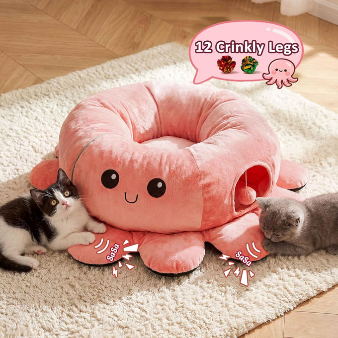 Cat Octopus Tunnel Bed with 20 Toys, Collapsible Indoor Cat Playhouse for Kittens, Machine Washable Cushion