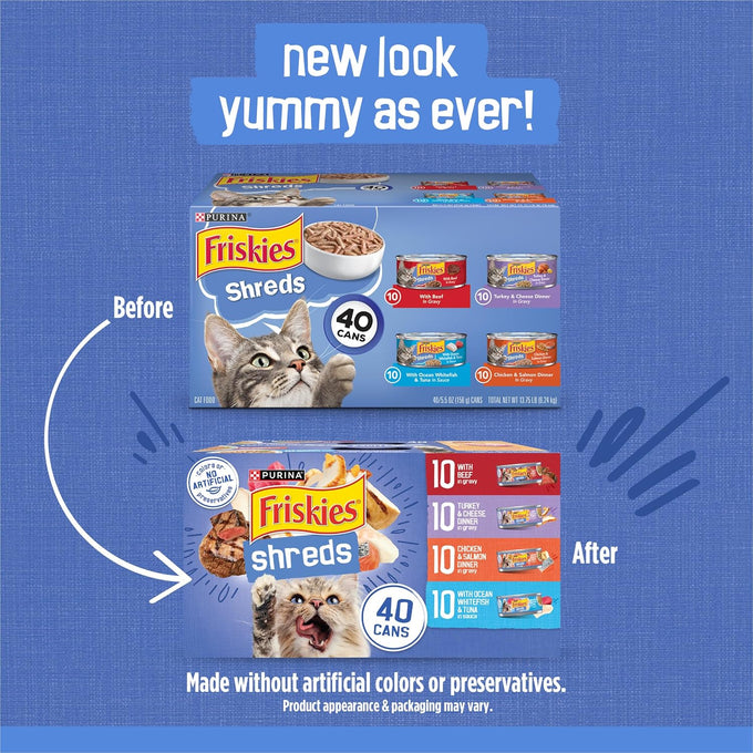 Purina Friskies Wet Cat Food Variety Pack, 40-count, 5.5 oz. Cans, Beef, Turkey, Cheese, Chicken, Salmon, Ocean Whitefish, and Tuna