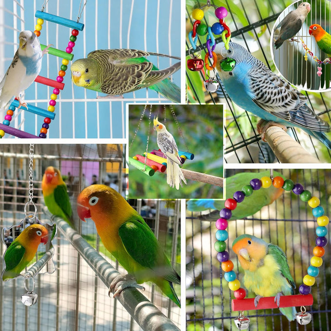 Esrise Bird Cage Accessories, Parakeet Toys for Conures, Finches, Cockatiels, Budgies, Lovebirds, Wooden Perch Swing Climbing Ladders