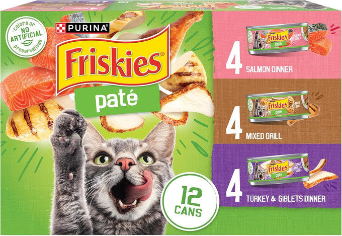 Purina friskies wet cat food pate variety pack salmon dinner, turkey and giblets dinner and mixed grill 2 packs of 12 cans
