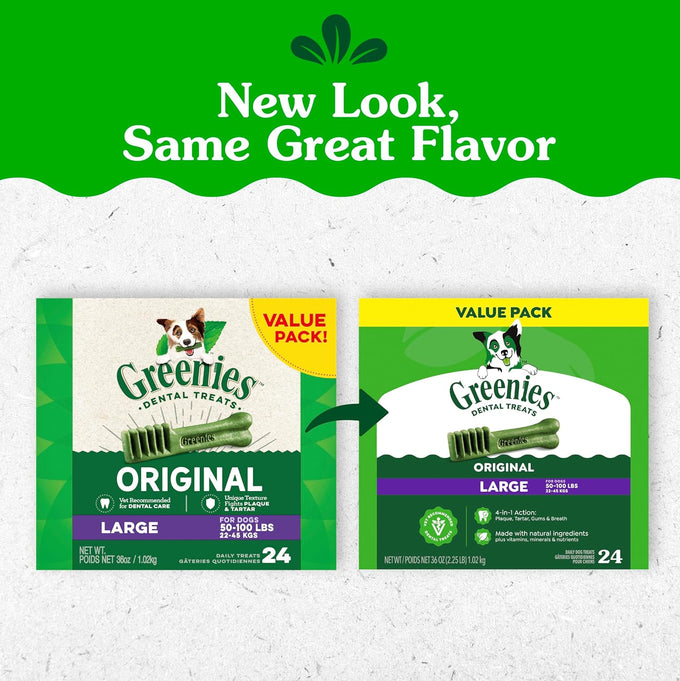 Greenies veterinarian-recommended natural dental dog treats, large size, original flavor, 36 oz pack, 24 count