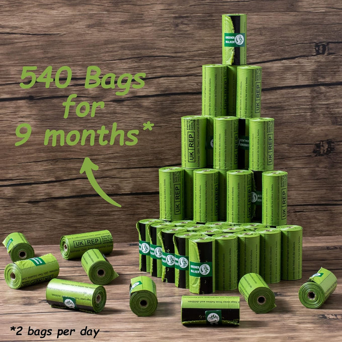 Greener Walker Poop Bags, 540 count, Extra Thick, 100% Leak Proof, Green, 13x9 inches