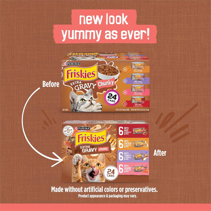 Friskies Purina extra gravy wet cat food chunky variety pack with chicken, turkey, salmon, and beef in 5.5 oz cans (pack of 48)
