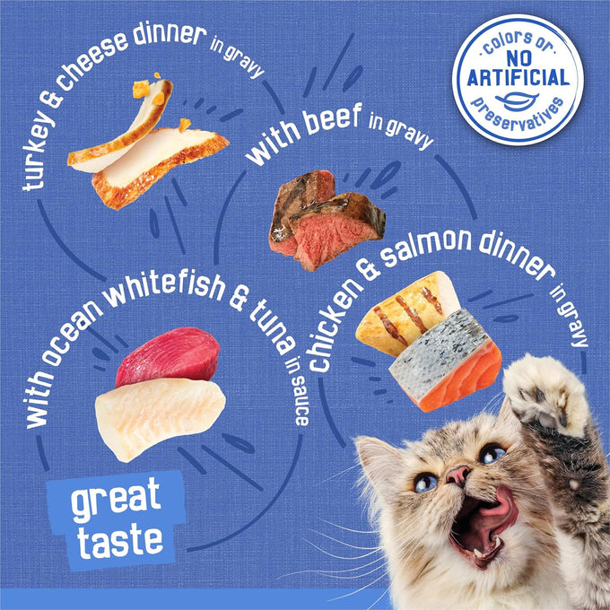 Purina Friskies Wet Cat Food Variety Pack, 40-count, 5.5 oz. Cans, Beef, Turkey, Cheese, Chicken, Salmon, Ocean Whitefish, and Tuna
