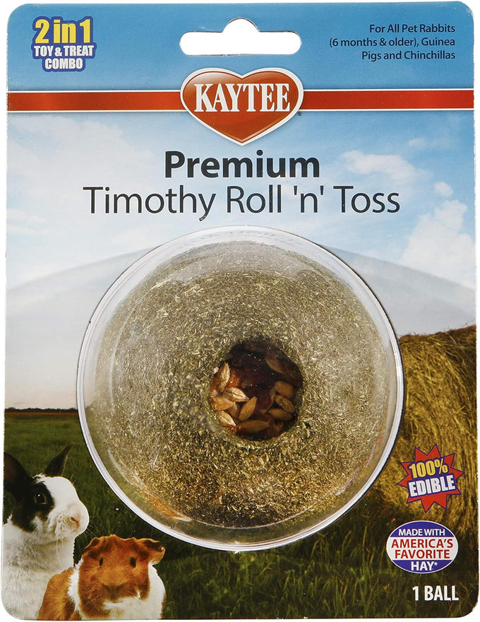 Kaytee timothy hay roll 'n' toss toy for pet rabbits, guinea pigs, and chinchillas, 100% edible