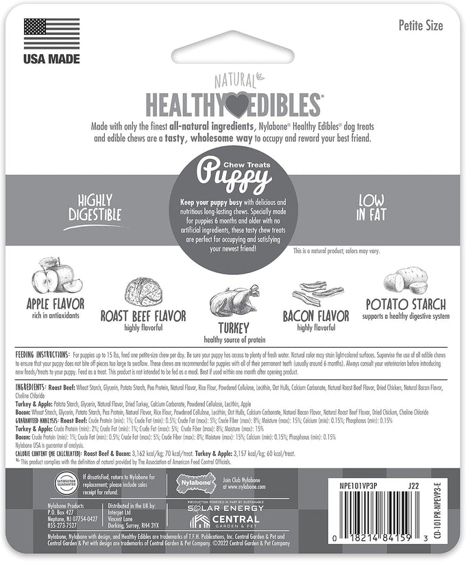 Nylabone Healthy Edibles Roast Beef, Apple & Bacon Flavor Puppy Chews X-Small 3 Count