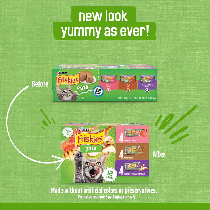 Purina friskies wet cat food pate variety pack salmon dinner, turkey and giblets dinner and mixed grill 2 packs of 12 cans