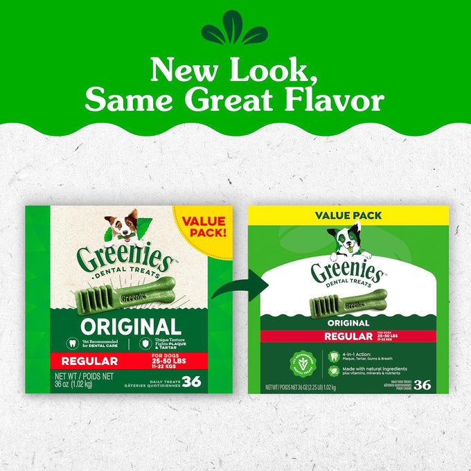 greenies veterinarian-recommended adult natural dental dog treats, regular size, 36 oz pack, 36 count, original flavor
