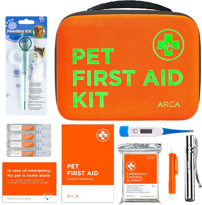 Arca Pet dog & cat first aid kit, vet-endorsed travel essentials with digital thermometer, muzzle, & mini first aid pouch