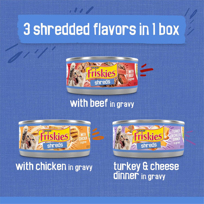 Purina Friskies Gravy Wet Cat Food Variety Pack, 24 Cans, 5.5 oz each, Shreds with Beef, Chicken, and Turkey, No Artificial Colors or Preservatives