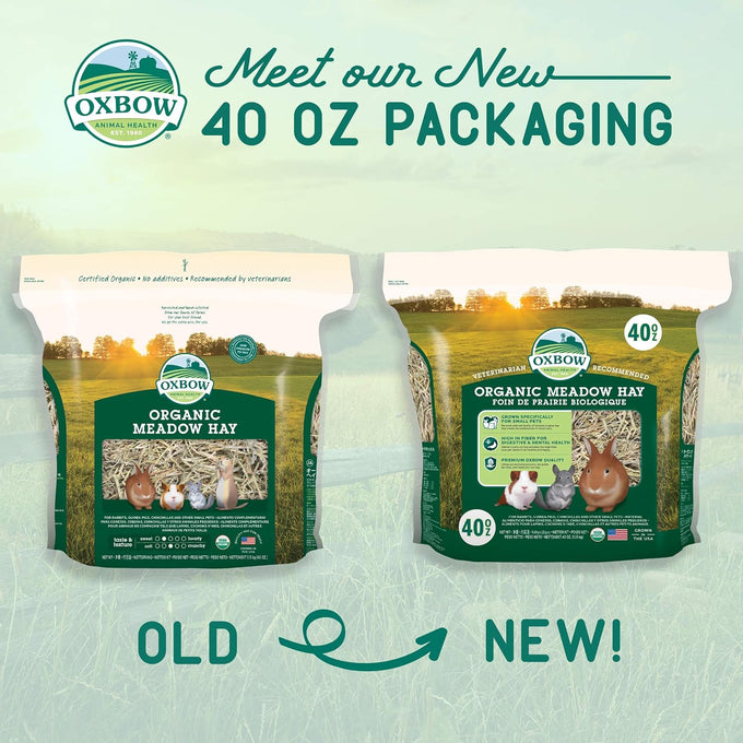 Oxbow organic meadow hay, usda certified, 100% natural, 40oz bag for small pet rabbits and guinea pigs