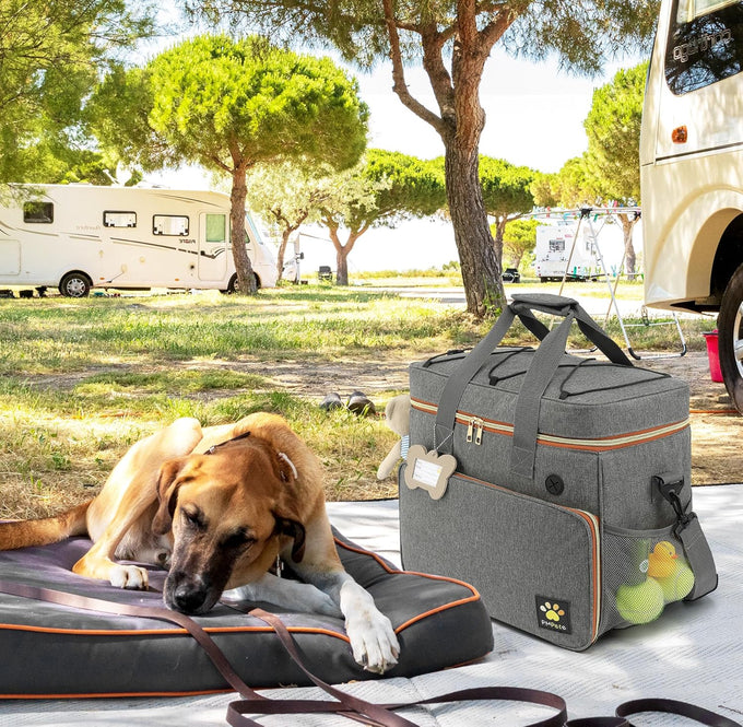 grey dog travel bag for dogs and cats with multi-function pockets and airline compliant design