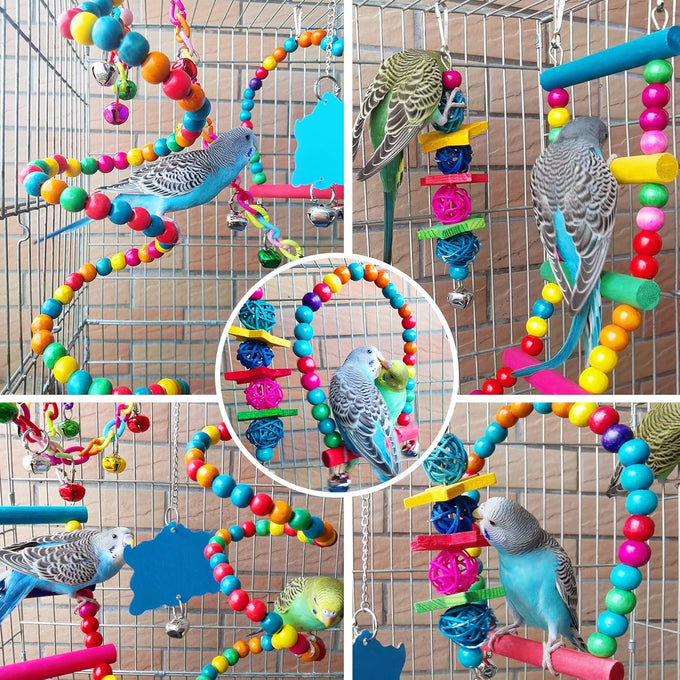 ESRISE wooden bird cage toys, parrot climbing ladder, chewing toys, bell swing for parakeet, cockatiel, love birds, budgies