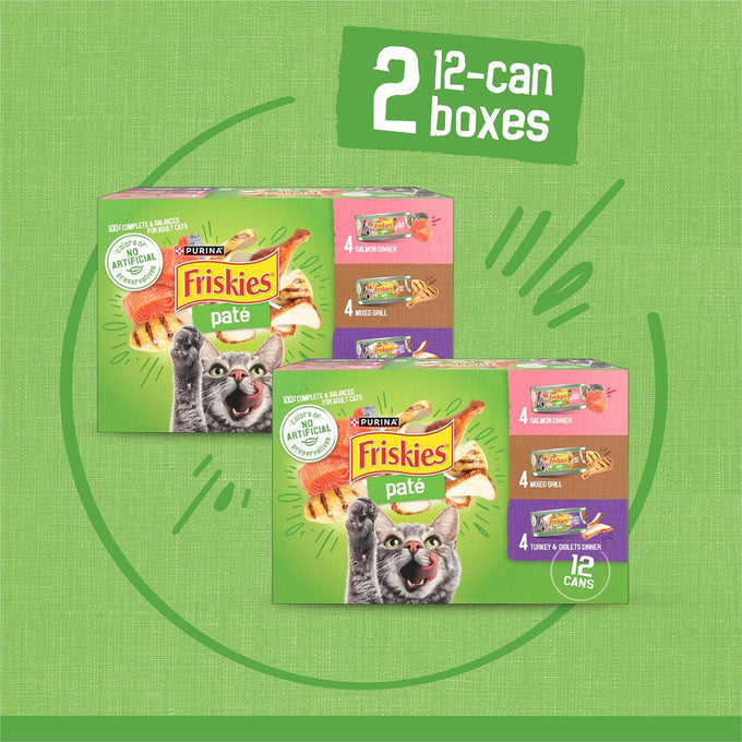 Purina friskies wet cat food pate variety pack salmon dinner, turkey and giblets dinner and mixed grill 2 packs of 12 cans