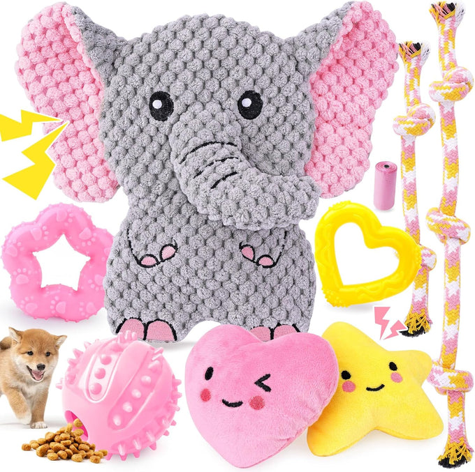 XIUGOAL pink puppy toys 9 pack for small dogs teething enrichment squeaky plush toys rope toys