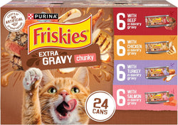 purina friskies extra gravy wet cat food 24ct variety pack with chicken turkey salmon beef 5.5 oz cans