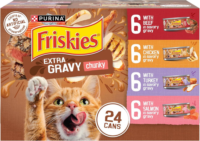 purina friskies extra gravy wet cat food 24ct variety pack with chicken turkey salmon beef 5.5 oz cans