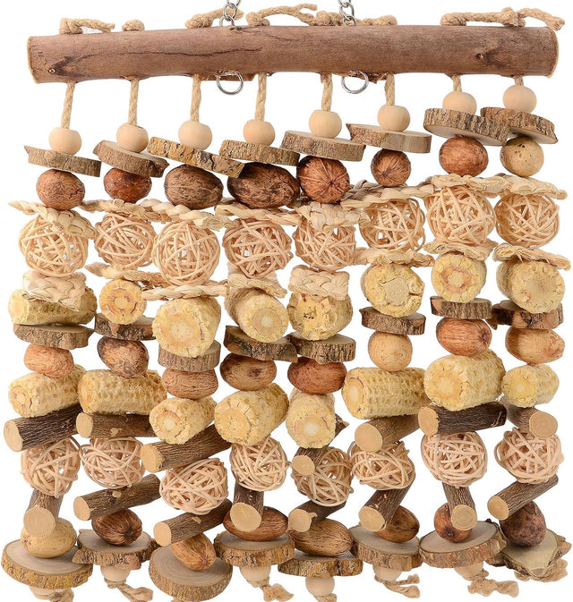 14.5" Extra Large Macaw Bird Chewing Toy with Natural Wood, Corn Cobs and Rattan Balls for African Grey, Cockatoos